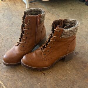Tan Lace-Up Boots with Knit Cuff